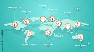 clock with time in big cities on blue world map time zone illustration on planet earth