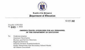 DepEd Order No. 043, s. 2022 : Omnibus Travel Guidelines for All Personnel of the Department of Education