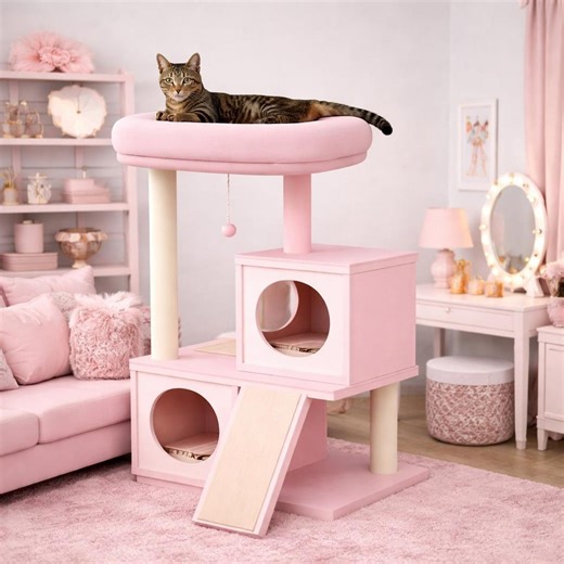 Natural Wood Cat Tree With Cozy Top Bed - Etsy