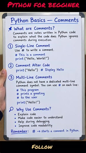 Python Comments | Easy Basics Learn Python Comments in simple steps. Understand #, single-line, inline, and multi-line comments. Perfect for Python beginners! #Python #PythonBasics #PythonProgramming #LearnPython #Coding