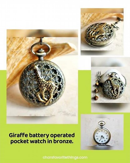 Giraffe battery operated pocket watch in bronze.