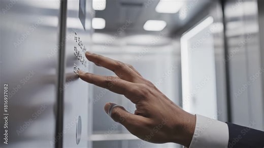 Close-up of a hand pressing elevator buttons, showcasing the action flow and camera movement as it zooms in on the interaction with the panel