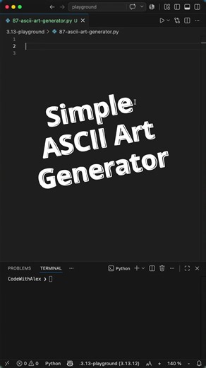 I Built an ASCII Art Generator in Python #python #coding #programming Here is how to build an ASCII Art Generator in Python with around 60 lines of code using only built-in Python features, no libraries needed. In this video you will learn how to store letter patterns in a dictionary, loop over characters to build multi-row text output, use Python's built-in ord() function to get ASCII values, and handle user input with a clean while loop. Let me know if you want the source code. I could share i
