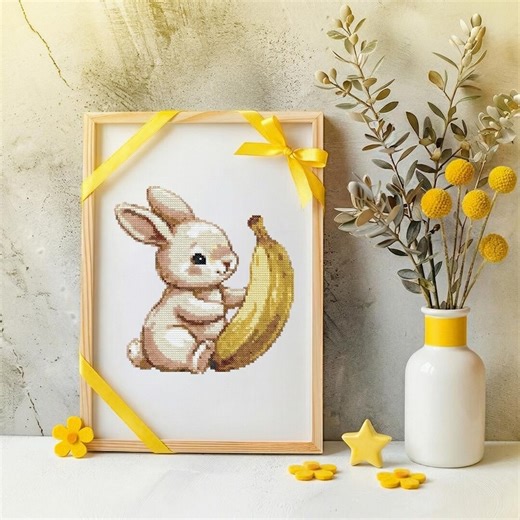 Bunny With Banana Cross Stitch Pattern – Beginner PDF Hoop Art (instant Download) - Etsy
