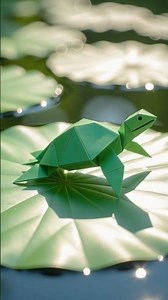 Origami turtle gliding across a reflective lilypad lake crafted from shimmering mirror foil, folded