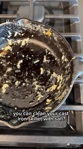 How to clean a cast iron skillet with salt. 🧂✨ If you’ve scorched something into your cast iron pan that’s beyond the help of a scrubby sponge, you can use salt to clean it off without removing the seasoning. ⬇️ 1️⃣: Pour a layer of kosher or coarse salt into the skillet and set it over medium-high heat. 2️⃣: Using a sponge or paper towels, carefully scrub the salt into the burnt bits until they loosen from the surface of the pan. (Use a pair of tongs to hold the paper towels if you’re not comf