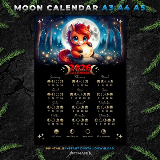 2026 Moon Phase Calendar Printable Lunar Cycle Planner Poster Digital Download Celestial Watercolor Wall Decor Art Print A3 A4 A5 Gift - Etsy Australia