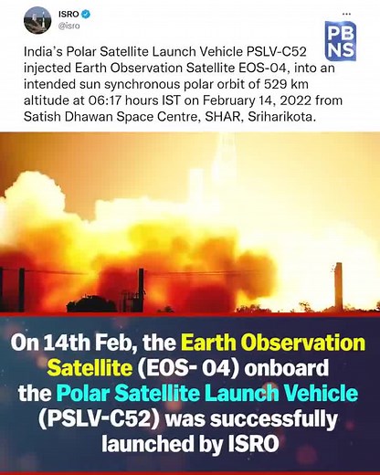 Mission Successful! India’s PSLV-C52 injected Earth Observation Satellite EOS-04, into an intended sun synchronous polar orbit of 529 km altitude at 06:17 hours IST today. Watch to know more: Link:https://t.me/pbns_india/22427 | Prasar Bharati News Services