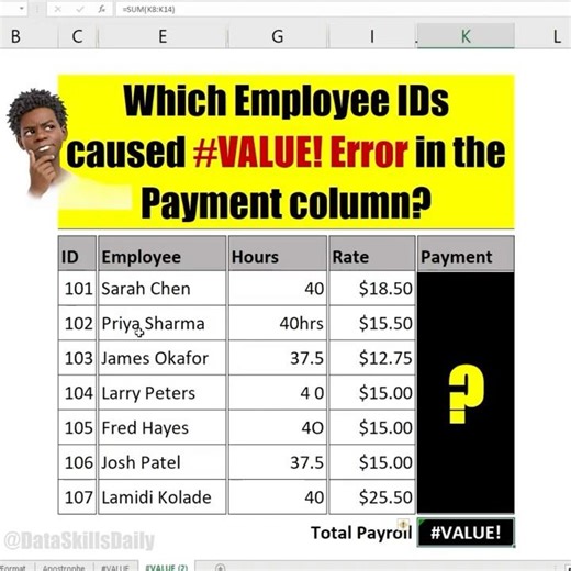 Which of these Employee IDs caused the #VALUE! Error - If Payment is Rate multiplied by Hours?
