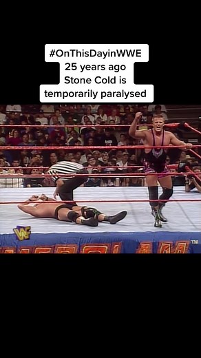 #OnThisDayinWWE 25 years ago at #SummerSlam 1997: A catastrophe as an Owen Hart piledriver goes wrong, breaking Stone Cold Steve Austin's neck and temporarily paralaysing him. Don't try this at home, kids. Austin somehow manages a roll up to win the Intercontinental Title and avoid having to kiss Owen's ass, as per the stipulation. Amazingly, Austin was back on Raw the next night, with no neck brace. But it caused him big problems throughout the rest of his career, eventually forcing him to reti