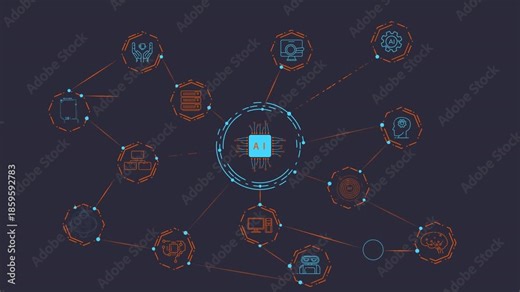 AI processor icon integrated with a network of digital technology icons