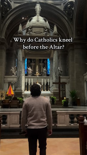 Alexandre on Instagram: "Catholics kneel before the altar and especially toward the tabernacle because it shows humility and submission. Us Catholics believe Jesus (God) is truly present in the Eucharist that is kept in the tabernacle, and the altar is where the sacrifice of the Mass takes place. All over Scripture it talks about how the bread is Jesus’s body. It also says every knee shall bow. It also helps our hearts prepare for worship. So this is why Catholics kneel before the altar. . . . #