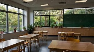 a quiet classroom atmosphere with several tables and chairs and a view outside the window of beautiful trees and green plants