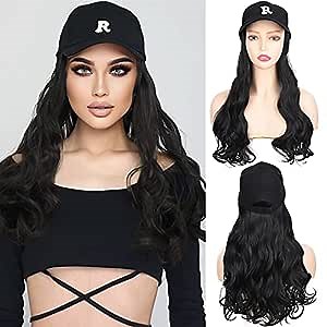 Baseball Cap with Hair Extensions for Women Adjustable Hat with Synthetic Wig (1B)