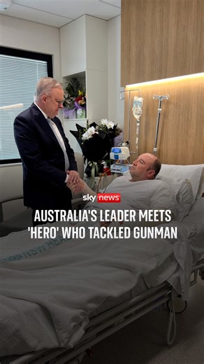 Australian Prime Minister Anthony Albanese met Ahmed al Ahmed, the "Australian hero" who tackled and disarmed one of the Bondi Beach gunmen.⁠ ⁠ In the news conference earlier, he said he 'thanked him for the lives that he helped to save'. ⁠ ⁠ 🔗 https://trib.al/JYg4ooC | Sky News