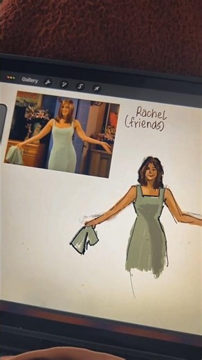 rachel in her iconic dress drawing from friends so sad that its leaving netflix #rachelgreen