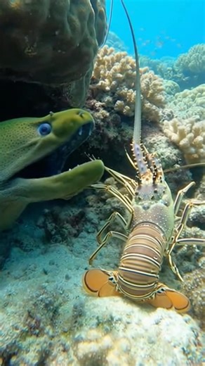 Incredible attack: moray eel captures a lobster #BrownEel #MarineLife