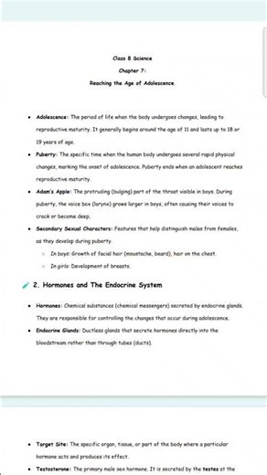 Reaching The Age Of Adolescence Notes Class 8th Science NCERT#notes