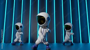Cartoon astronauts dancing on the dance floor with neon lights flashing from behind. Looping video