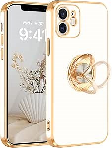 Fingic for iPhone 12 Case with 360° Rotatable Ring Holder Magnetic Kickstand, Shiny Plating Gold Edge, Slim Soft TPU Shockproof Protective Cover for Women, Men, White