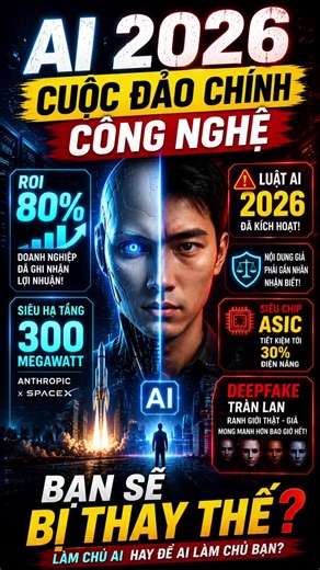 🚨 AI 2026 CUỘC ĐẢO CHÍNH CÔNG NGHỆ ĐÃ BẮT ĐẦU AI không còn chỉ để chat hay hỏi đáp. Nó đang bước vào kỷ nguyên **AI Agent** — tự suy nghĩ, tự hành động, tự xử lý công việc như một phòng ban thu nhỏ. Chỉ trong vài năm tới: ⚡ Công việc lặp lại sẽ bị thay thế nhanh chóng ⚡ Doanh nghiệp ứng dụng AI đang tăng tốc mạnh mẽ ⚡ Ranh giới thật - giả ngày càng mong manh vì Deepfake và AI tạo sinh Câu hỏi không còn là: **AI có thay thế con người không?** Mà là: 👉 **Bạn đang học cách làm chủ AI hay đang chờ