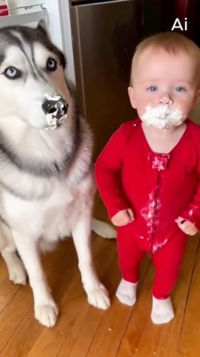 Baby blamed the Husky faster than the speed of frosting. AI-generated fictional scene for entertainment. #Husky #BabyAndDog #CuteChaos #PetHumor #FamilyFails | Wooflyn