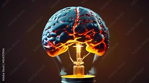 The video depicts a light bulb with a brain inside it. The brain is glowing and the light bulb is turned on.