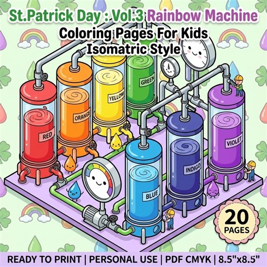 St. Patrick's Day Coloring Pages | Rainbow Machine, Isometric Art (PDF Download) - Etsy