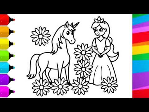 Princess and Unicorn Coloring Page for Kids | Magical Flower Coloring Book for Children