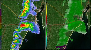 Here is a gif of base reflectivity (on the left) and storm relative motion (on the right) of a likely tornado that occurred just west of Escanaba near Pine Ridge this afternoon. Damage included destroyed storage units, power lines down, and downed trees. #906wx | US National Weather Service Marquette Michigan