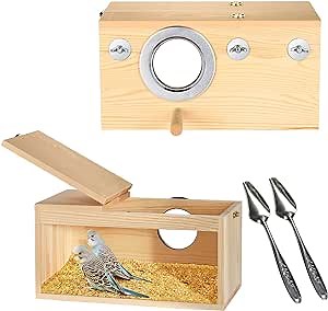 Parakeet Nesting Box, Bird House Budgie Wood Bird Breeding Nest Parrot Mating Box Cage with Feeding Spoon for Finch Lovebirds Cockatiel Budgie Conure Parrot (Transparent - L)