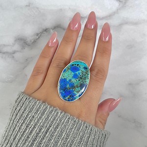 Azurite Malachite Ring / 925 Sterling Silver / Healing Gemstone / Azurite Malachite Jewelry / Gift for Her / Oval Cab / Statement AZM-R-104. - Etsy