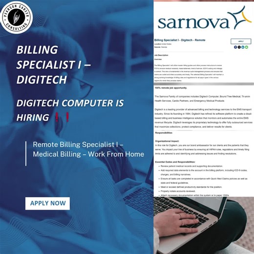 Billing Specialist I – Digitech 📌 Digitech Computer is HIRING ❗❗ 📍 United States (100% Remote) 💼 Full-Time 💰 Competitive Pay (Based on Experience) 📩 Apply Here: https://careers.sarnova.com/jobs/5261/job?utm_source=indeed_integration&iis=Job Board&iisn=Indeed&indeed-apply-token=73a2d2b2a8d6d5c0a62696875eaebd669103652d3f0c2cd5445d3e66b1592b0f