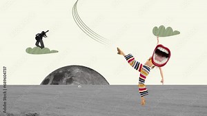 Stop motion. Animation. two young cheerful girls dancing and playing guitar, having fun