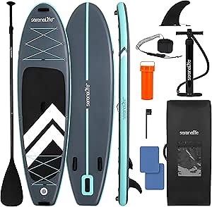 SereneLife Ultra-Light Inflatable Stand Up Paddle Board with Premium SUP Accessories - Extra Wide Stable Design with Non-Slip EVA Deck Pad for Youth and Adults of All Skill Levels - 350 lbs Capacity