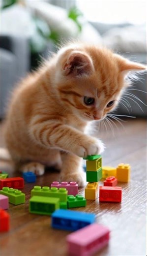 A cute orange kitten playing with colorful LEGO bricks #cat #kitten #cutecat #cute