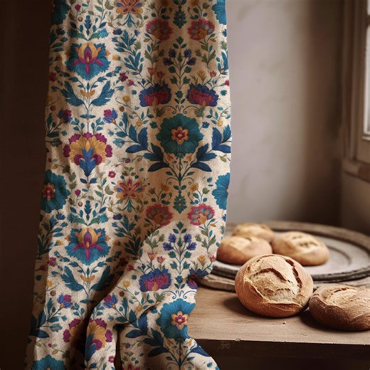 Vintage Floral Linen Curtain: Botanical Folk Pattern, Rustic Cottagecore Window Drapes