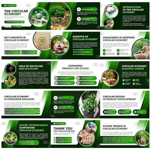 Green Circular Economy PowerPoint Template | Sustainability Presentation | Editable PPTX & PDF | Eco-Friendly Business Slides