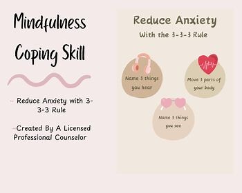 3-3-3 Anxiety Coping Skill Handout: Emotion Regulation- SEL- Mindfulness activit
