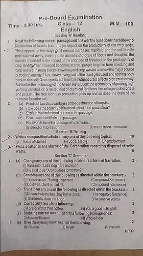 Class 12 English question paper pre board exam 2025#paper