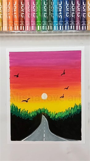 Easy Road Scenery Drawing 🌅 | Sunset Landscape with Oil Pastels Art