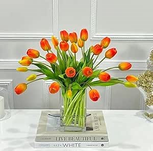Large Tall Real Touch Tulip Centerpiece for Home Decor and Dinner Table (Orange)