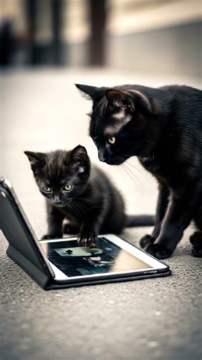 cat with its lovely kitty finds a laptop on the road 🥰🥰