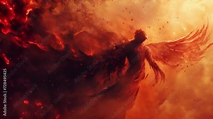A fallen angel with tattered wings surrounded by ghostly apparitions and fiery hues of red and orange.