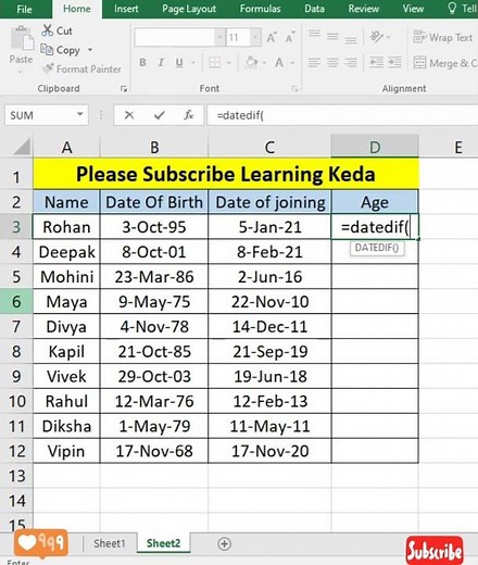 How to Calculate Difference Between Two Dates in Excel | Datedif Function | Learning keda |