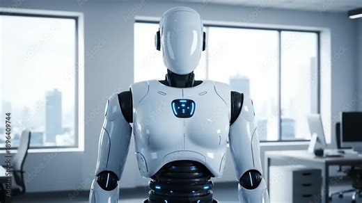 Humanoid Robot Standing in Modern Office Space.