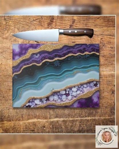 Purple Agate Geode Inspired Glass Cutting Board - Kitchen Serving Decor Gift