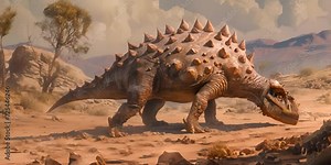 Dinosaur in a desert surrounded by mountains. Concept of prehistoric era and paleontology.