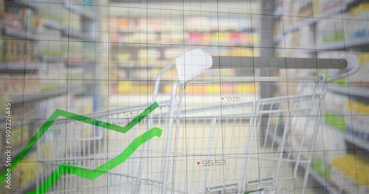 Metal cart staying centered while grid overlay appearing and green line graphs rising to show sales