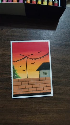 Easy Sunset Village Scenery Drawing with Oil Pastels | Step-by-Step Tutorial #art #drawing